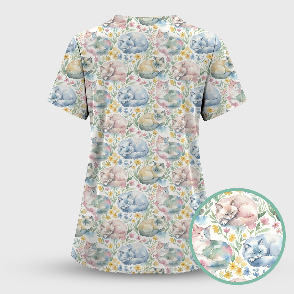 Dreamy Sleeping Cat Floral Nurse Scrub Top