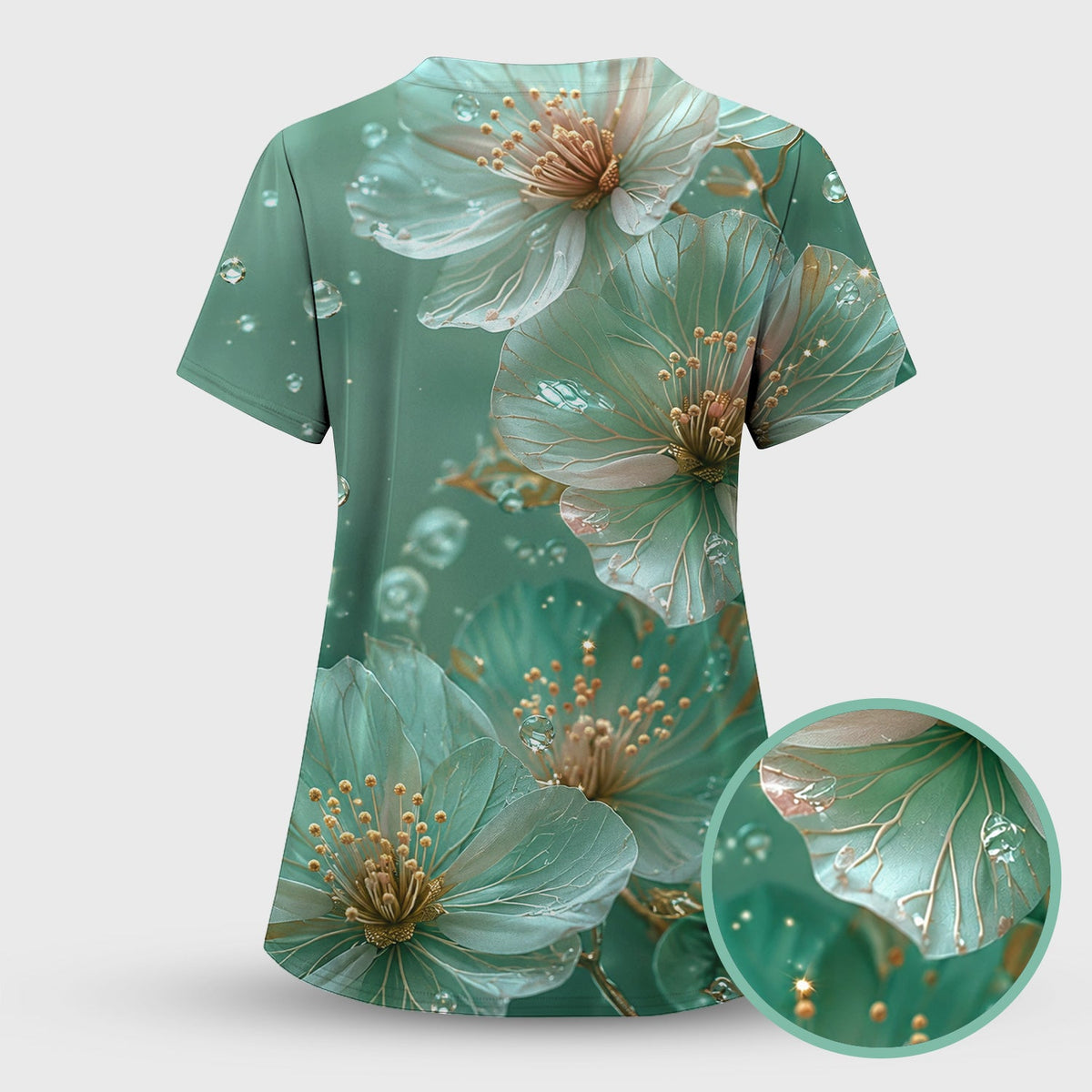 Elegant Mint Blossom Dewdrop Nurse Scrub Top