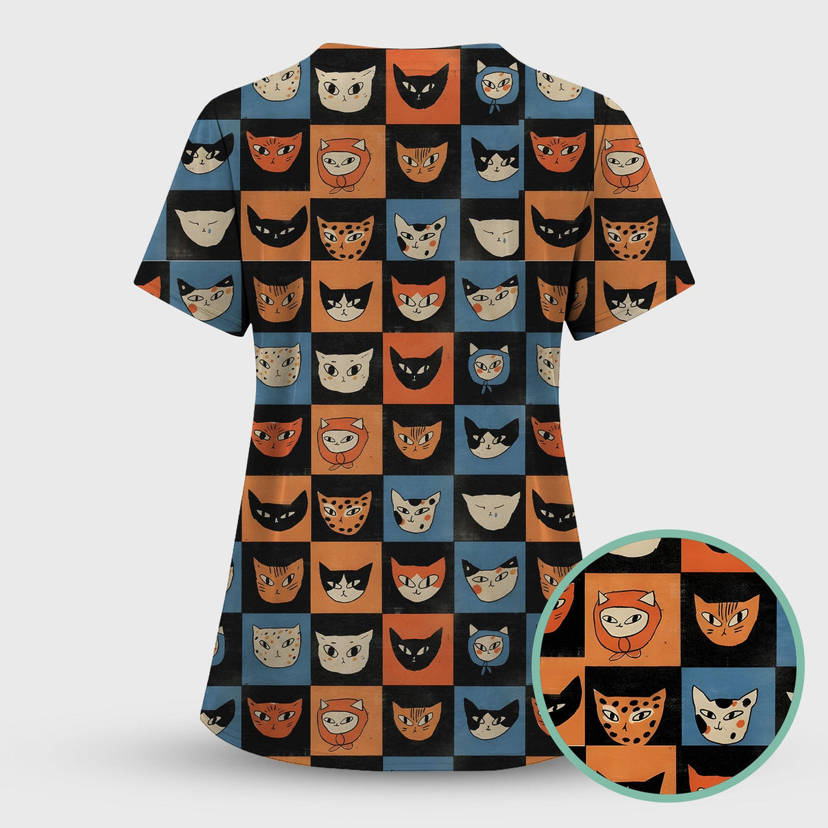 Retro Cat Checkerboard Nurse Scrub Set