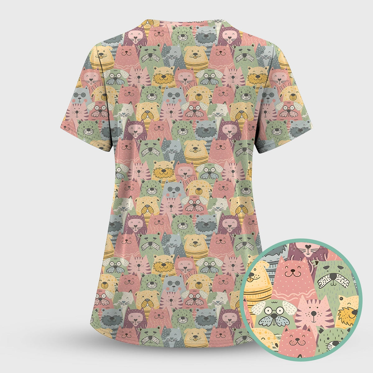 Cartoon Cat And Dog Faces Nurse Scrub Top