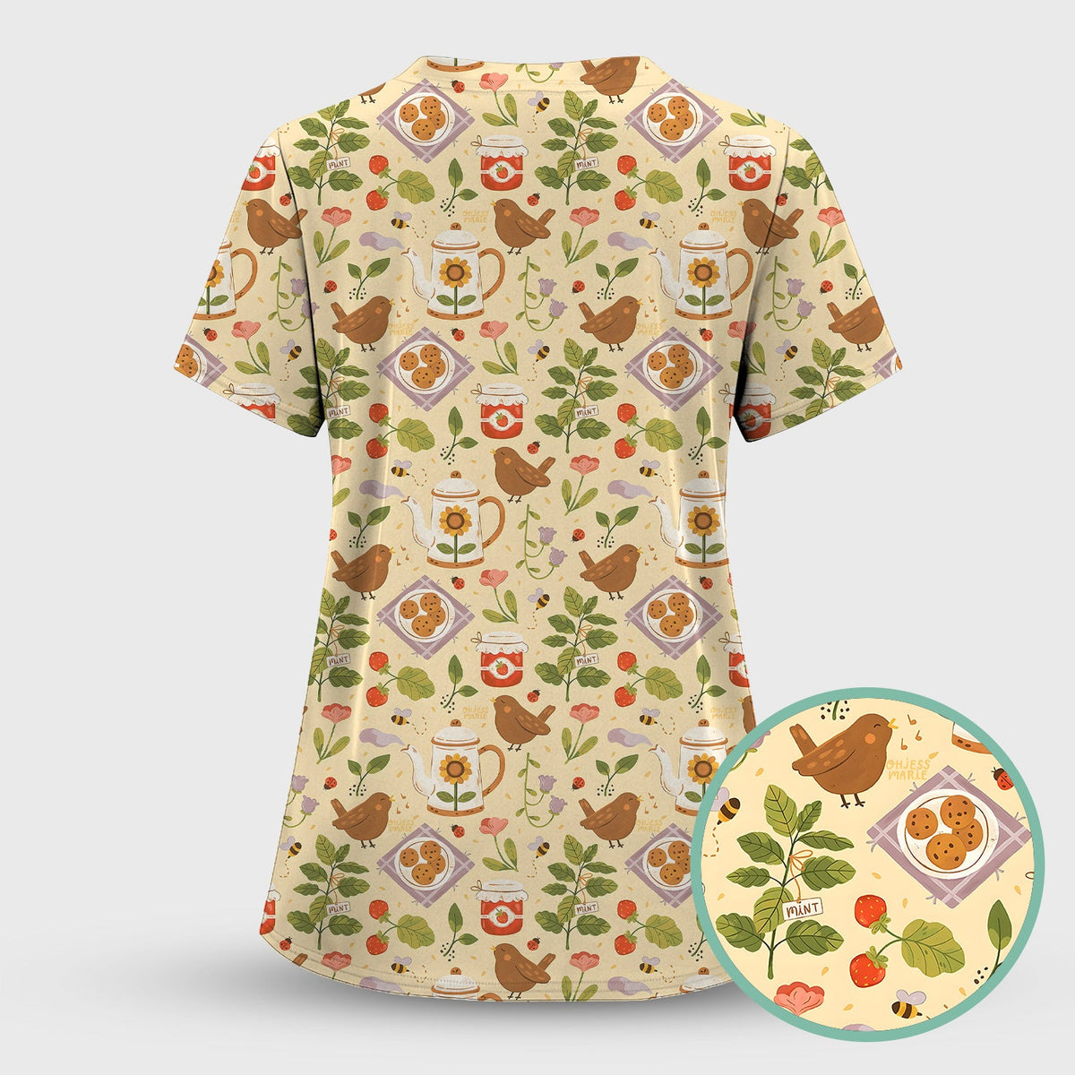 Garden Tea Bird Strawberry Nurse Scrub Top
