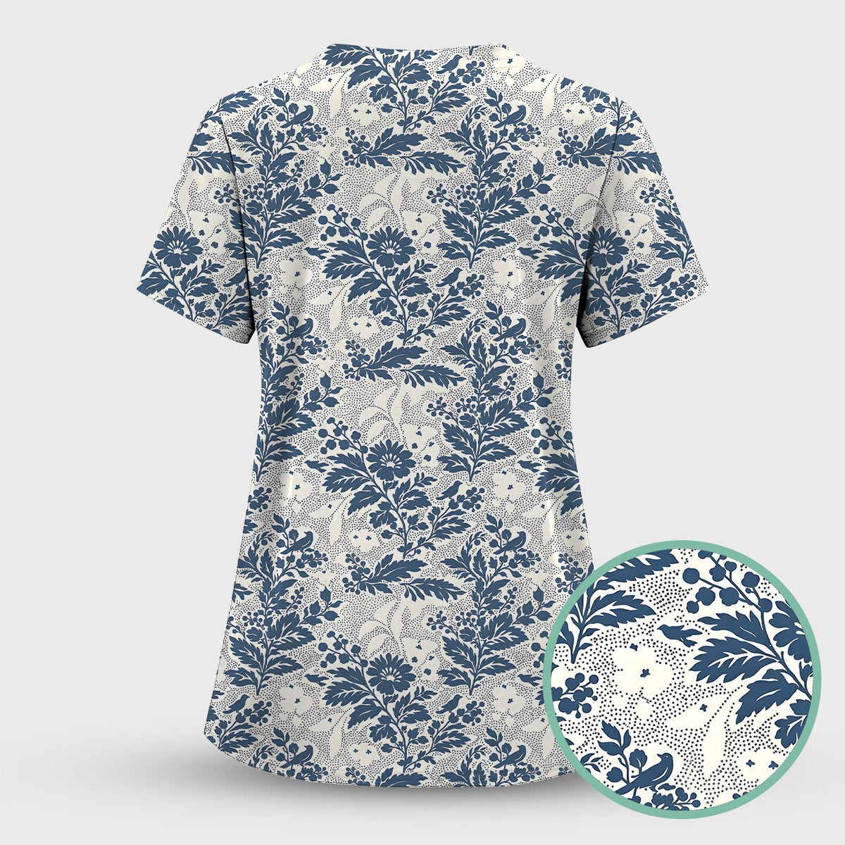 Cute Blue Floral Botanical Nurse Scrub Top