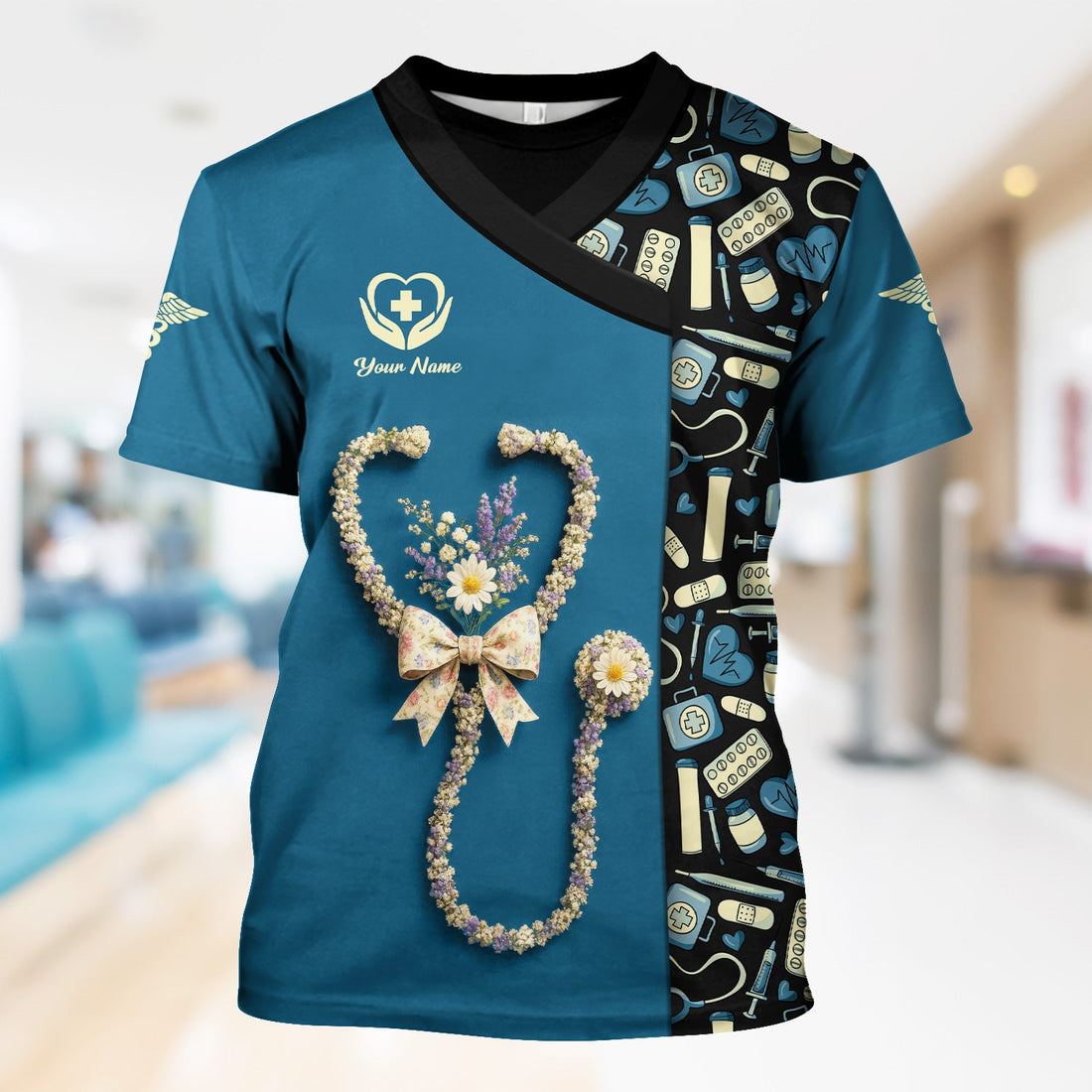 Personalized Colorful Floral Heart Nurse Scrub Top