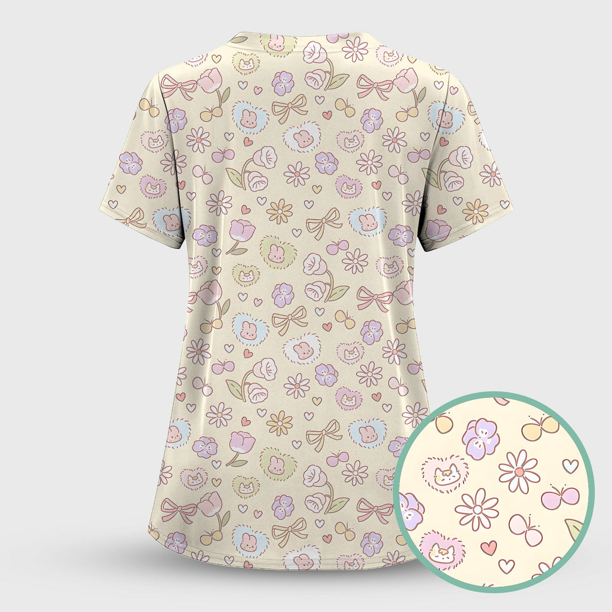 Pastel Bunny Flower Heart Nurse Scrub Top