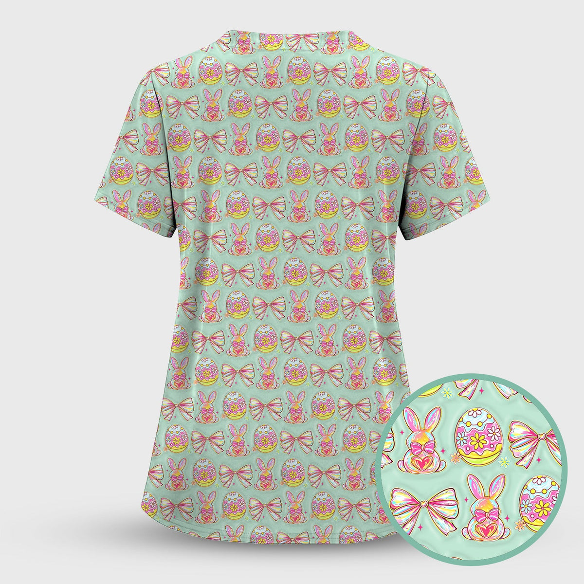 Bunny Pastel Egg Bow Nurse Scrub Top - Easter Gift