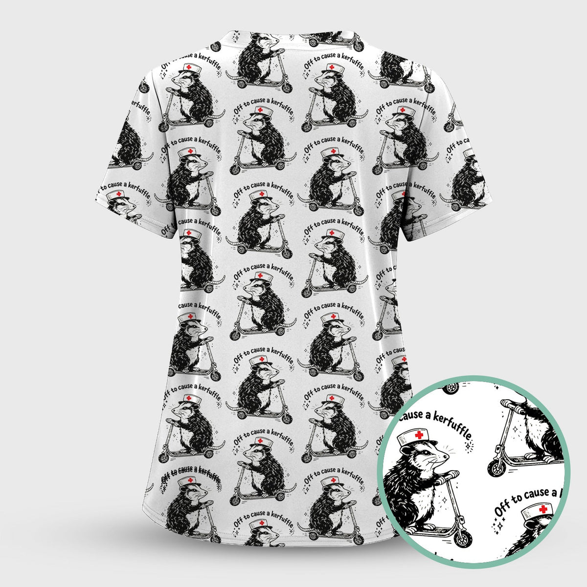 Funny Opossum Nurse Riding Scooter Pattern Scrubs Top, Breathable Fabrics Nursing Uniform