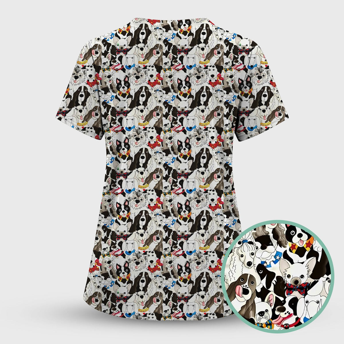 Cute Dog Cartoon All Over Print Scrub Set, Scrub Pants and V Neck Top