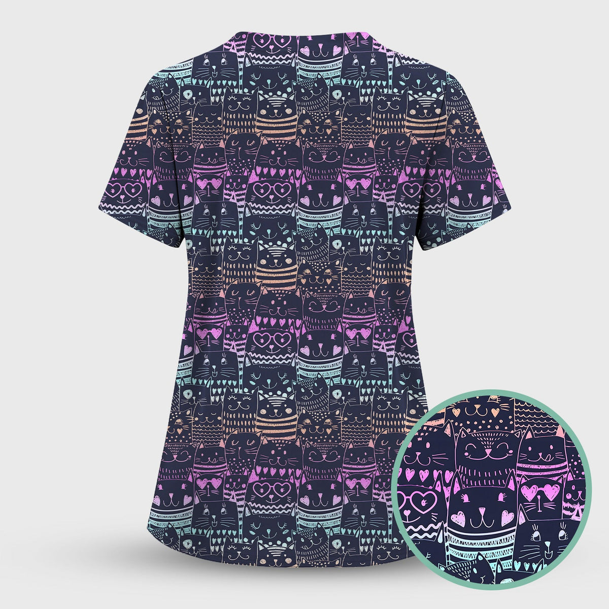 Neon Cat Faces Nurse Scrub Top
