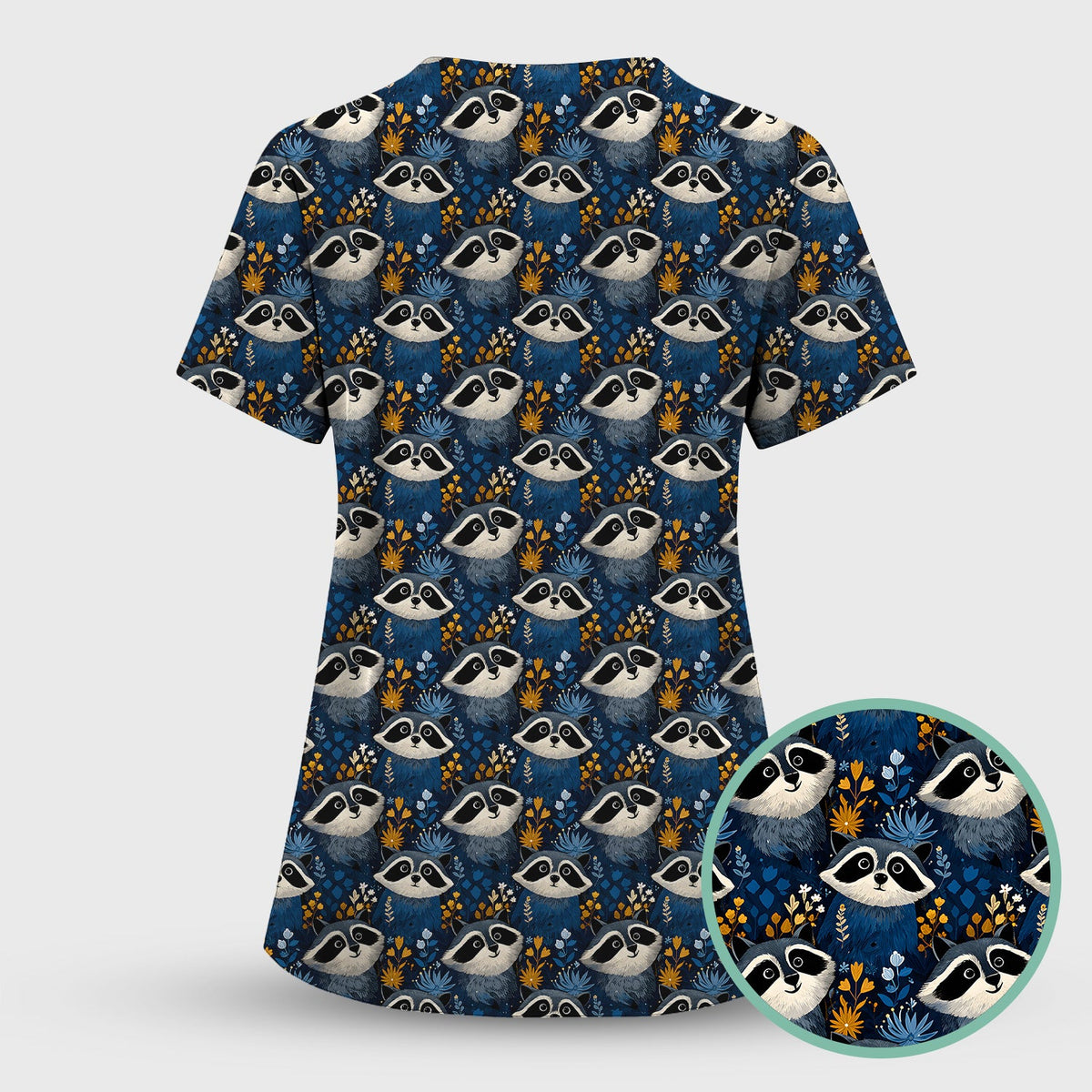 Raccoon Blue Floral Forest Nurse Scrub Set