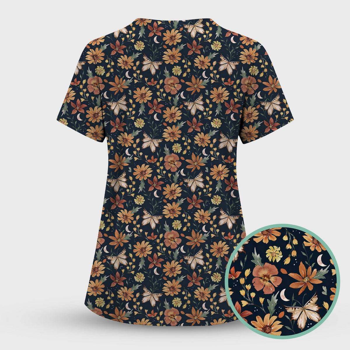 Autumn Floral Butterfly Moon Nurse Scrub Top