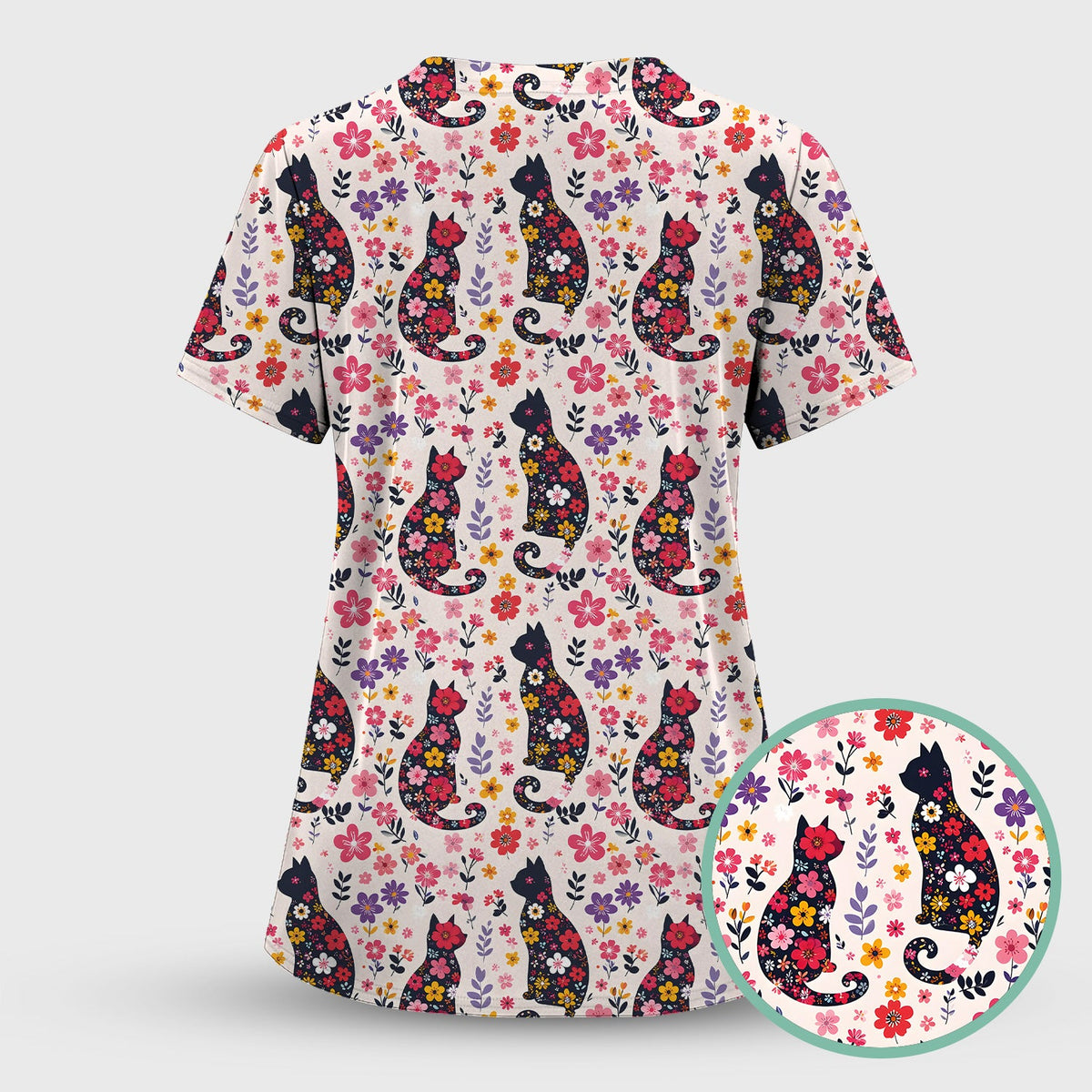 Floral Cat Silhouette Spring Garden Nurse Scrub Top