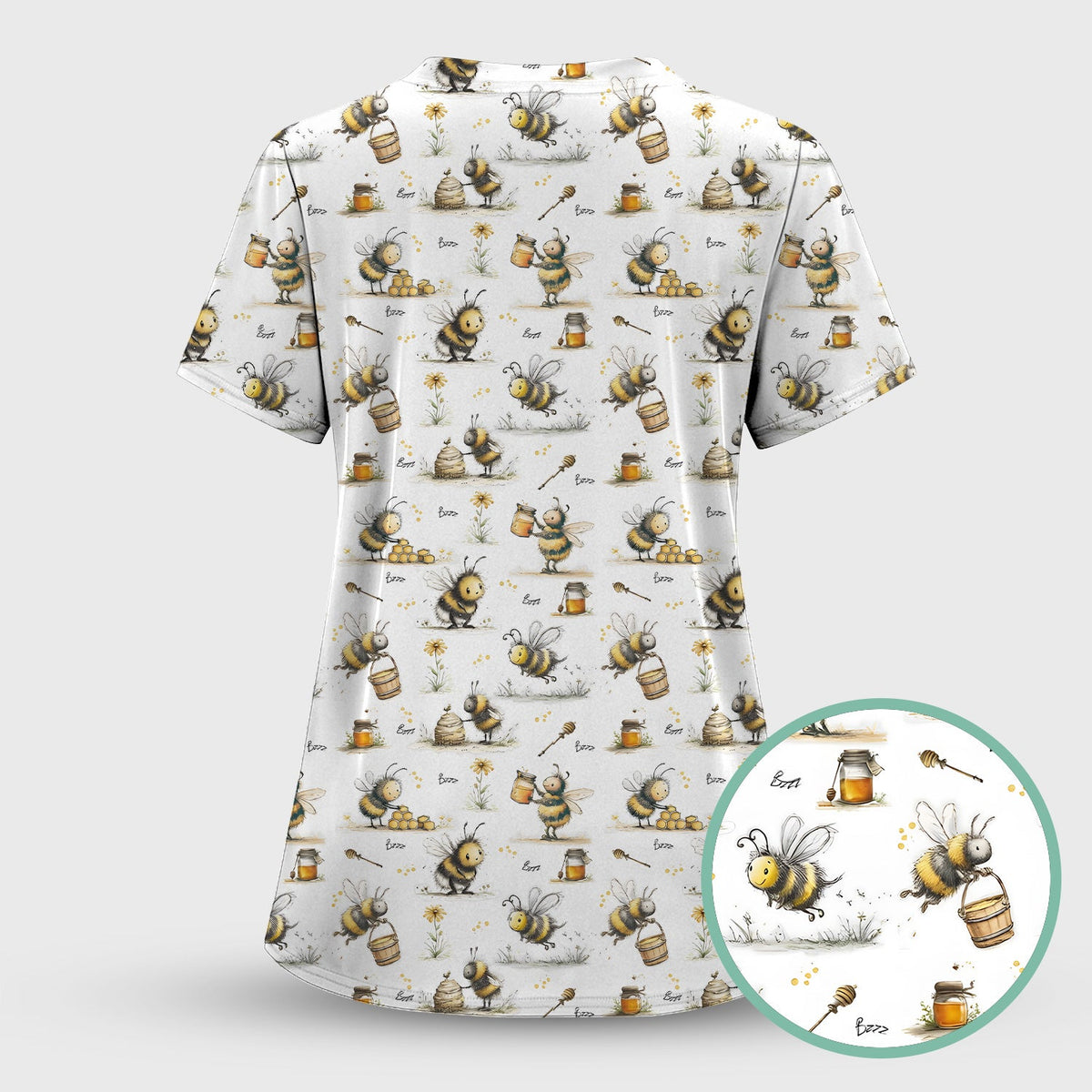 Cute Honey Bee Jar Garden Pattern Scrub Top, Comfortable Scrubs for Nurses