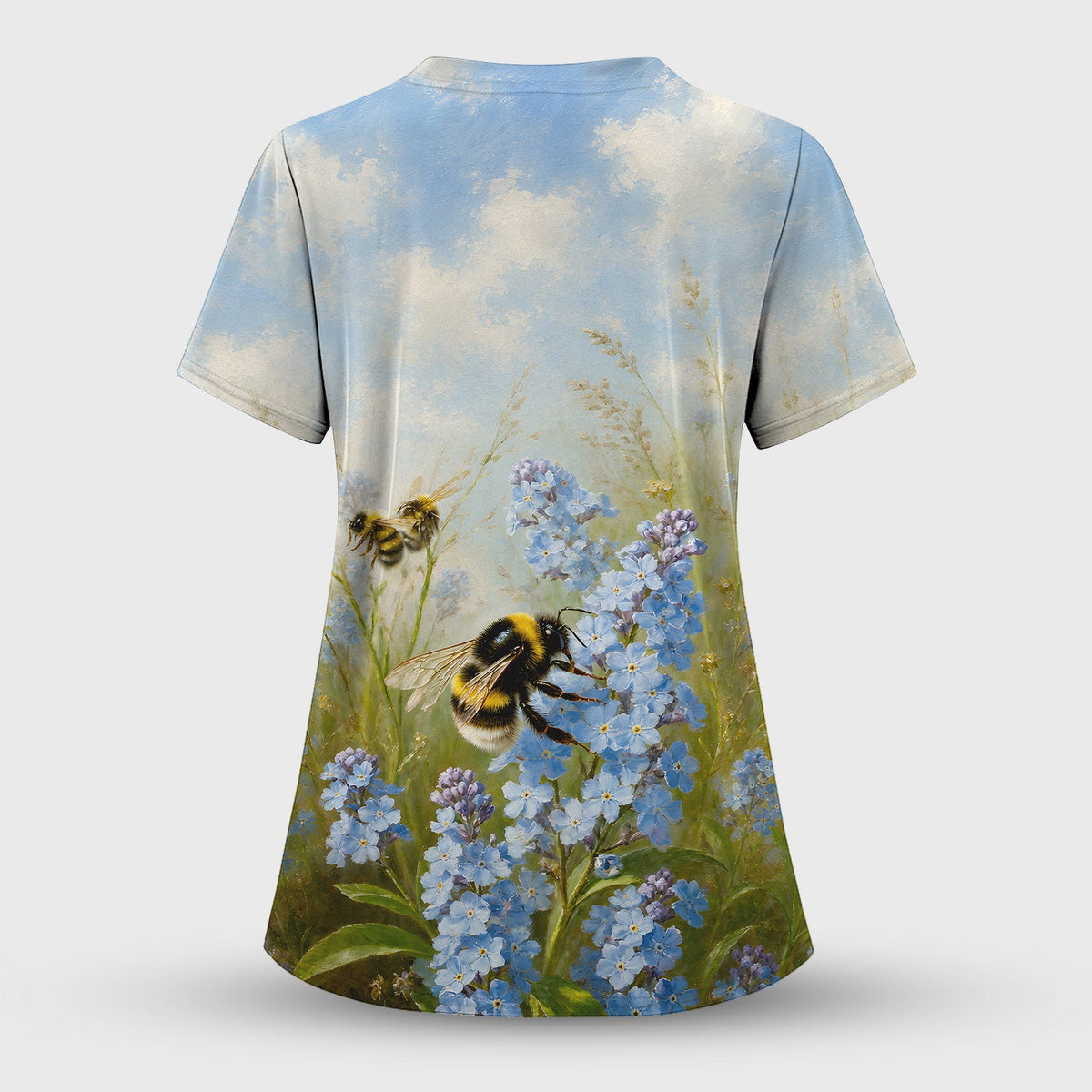 Whimsical Bumblebee Blue Blossom Nurse Scrub Top