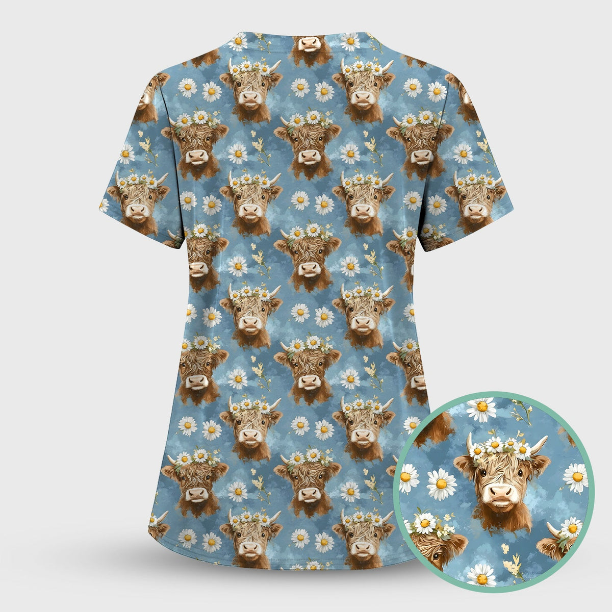 Highland Cow Daisy Flower Nurse Scrub Top