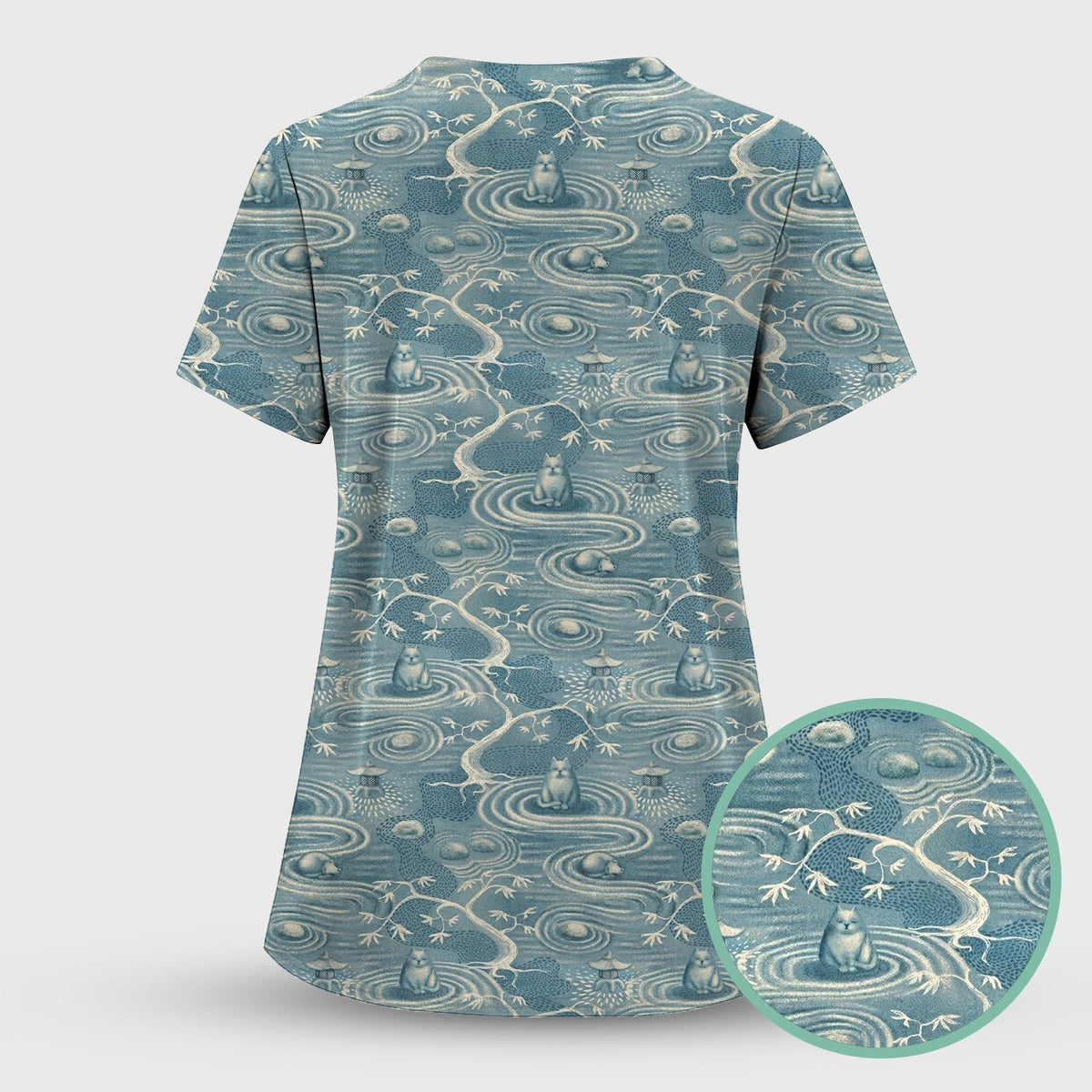 Zen Cat Water Garden Nurse Scrub Top