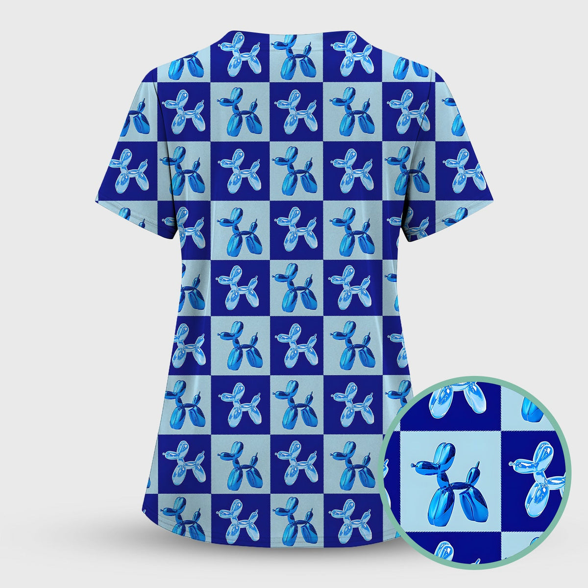Cute Blue Balloon Dog Checkered Nurse Scrub Top