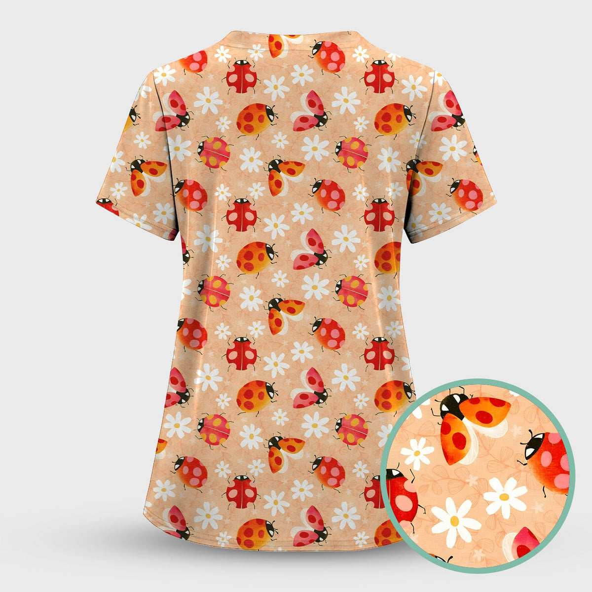 Ladybug Daisy Floral Pattern Scrub Set, Scrub Pants and V Neck Top