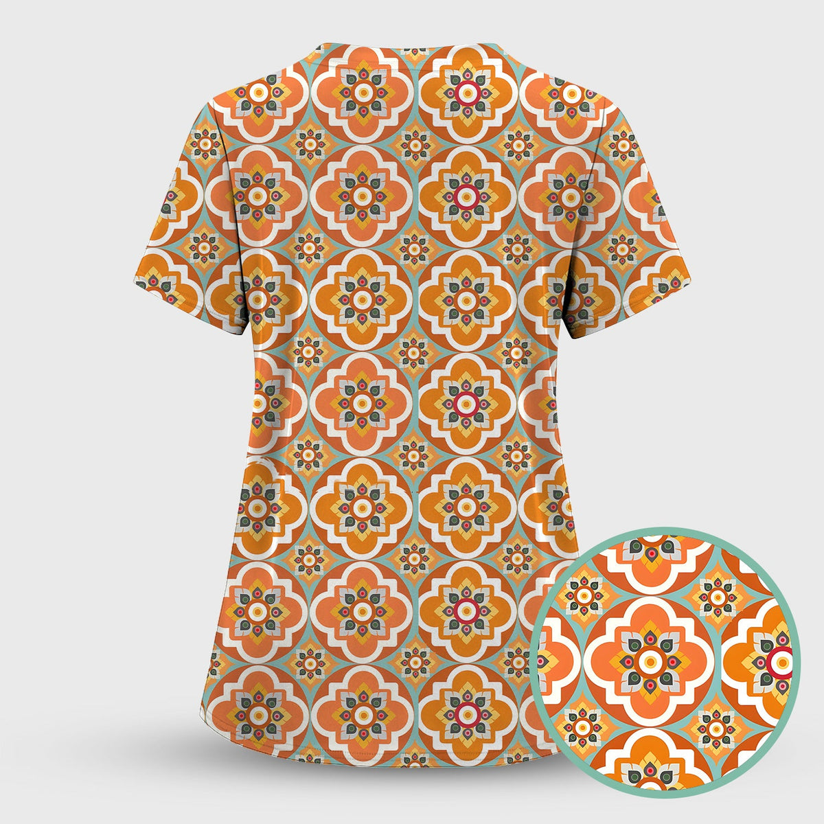 Orange Retro Geometric Floral Nurse Scrub Top