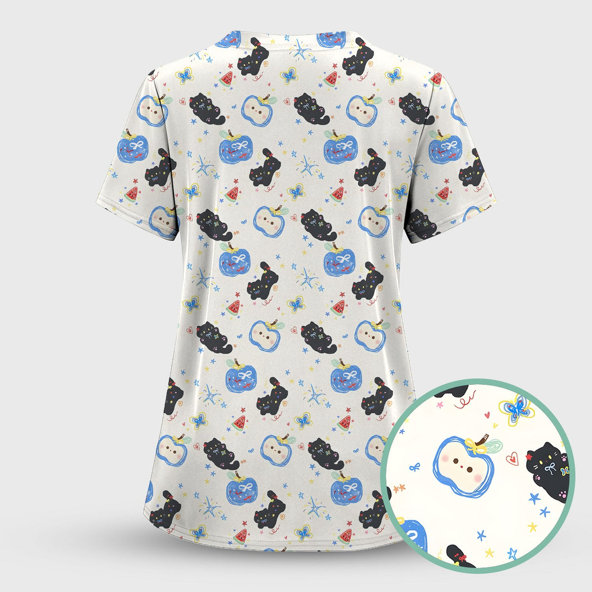 Cute Black Cat Apple Nurse Scrub Top