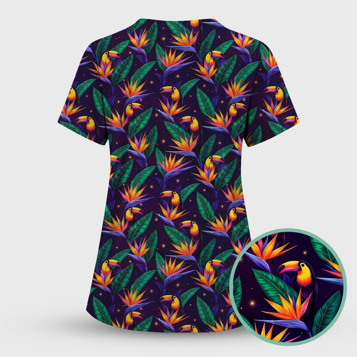 Tropical Toucan Paradise Leaves Nurse Scrub Top