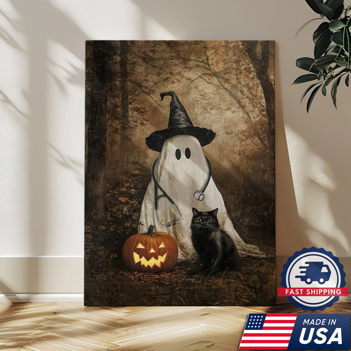 Ghost Pumpkin Black Cat Nurse Canvas - Halloween Gift