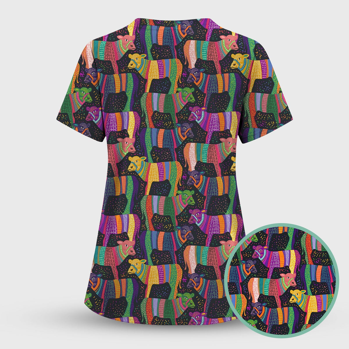 Vibrant Patchwork Rainbow Cow Nurse Scrub Set