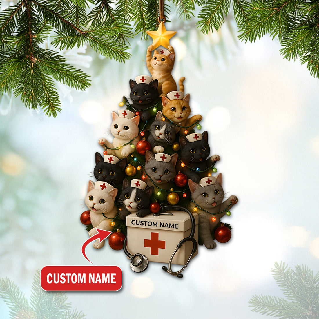 Personalized Christmas Tree Cat Nurse Ornament