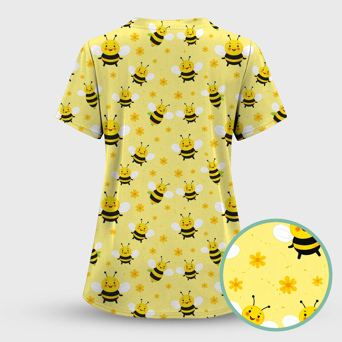 Cute Smiling Bee Yellow Floral Print Sets, Breathable Med Uniform