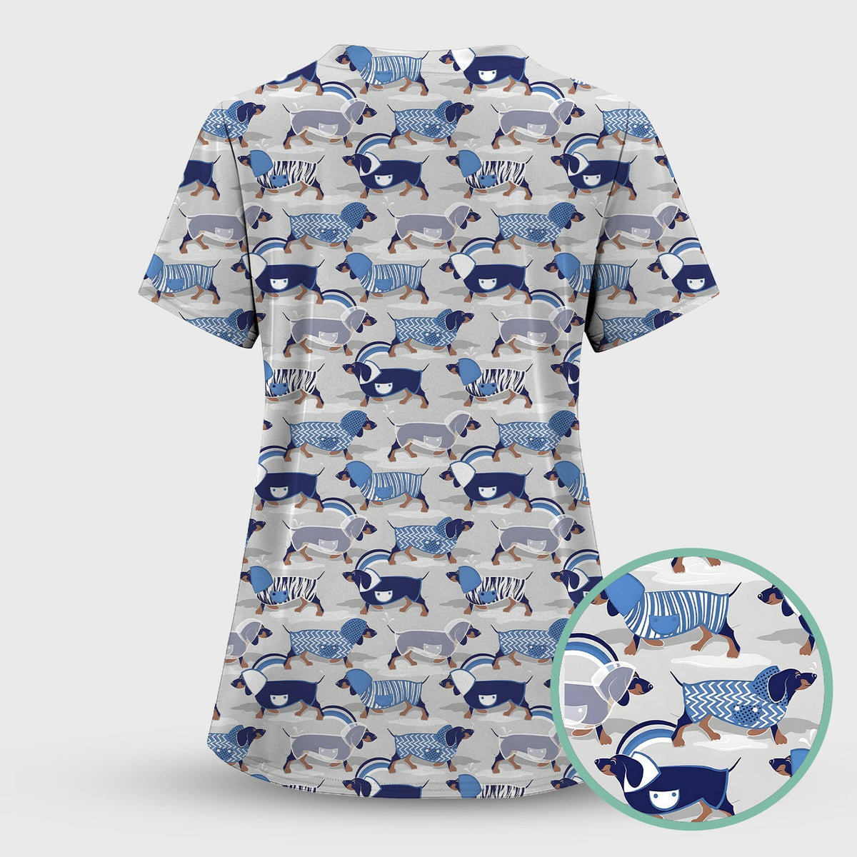 Cute Dachshund Raincoat Parade Pattern Scrub Set, Scrub Pants and V Neck Top