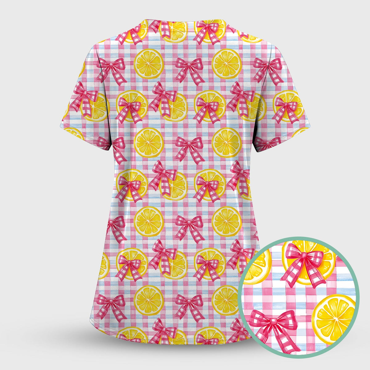Lemon Slice Pink Bow Gingham Nurse Scrub Set