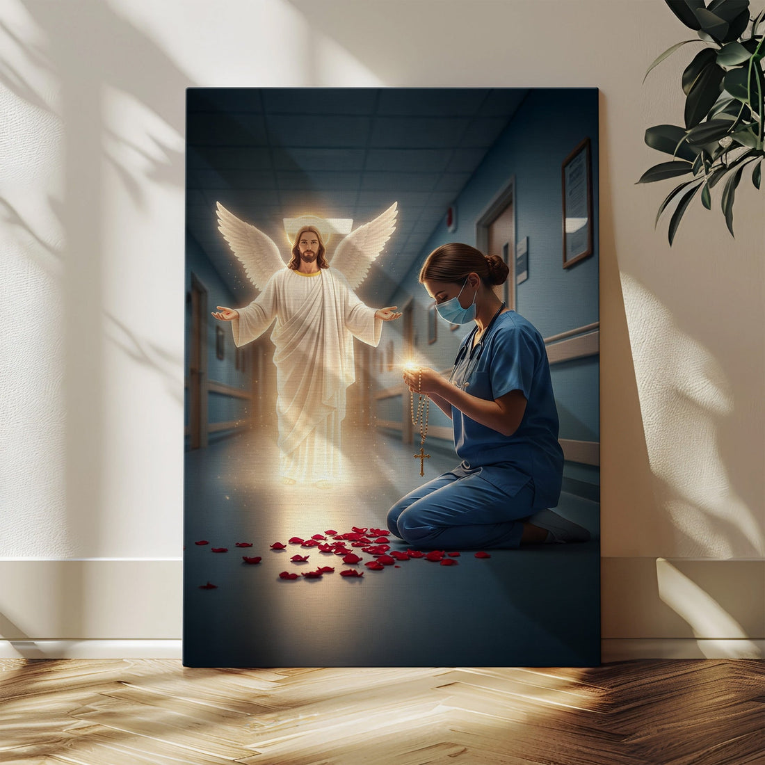 Jesus Christ Angel And Nurse With Rosary Canvas