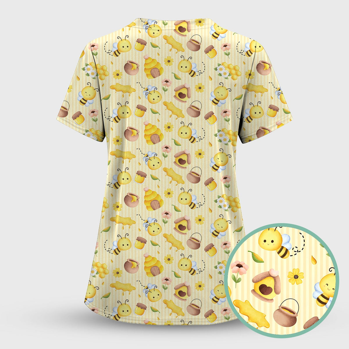 Cute Bee Honey Flower Stripe Nurse Scrub Set