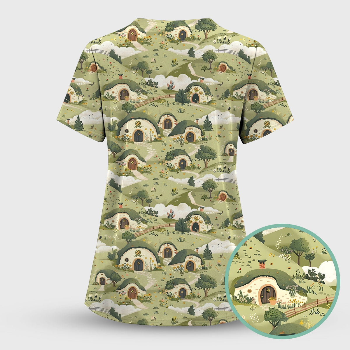 Cozy Hobbit Village Landscape Nurse Scrub Top