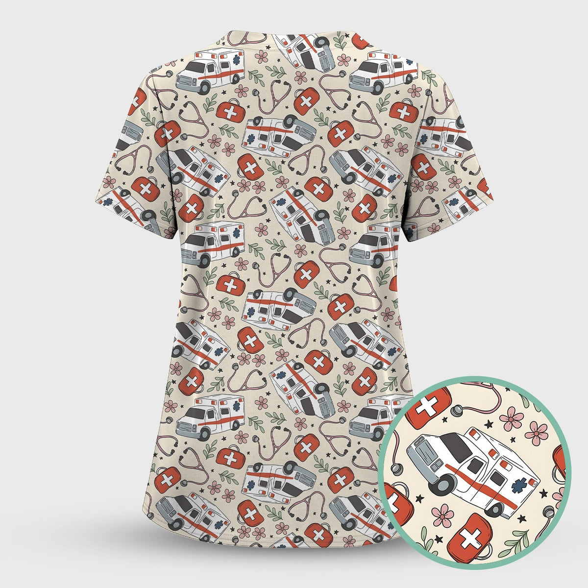 Ambulance Stethoscope First Aid Floral Nurse Scrub Top