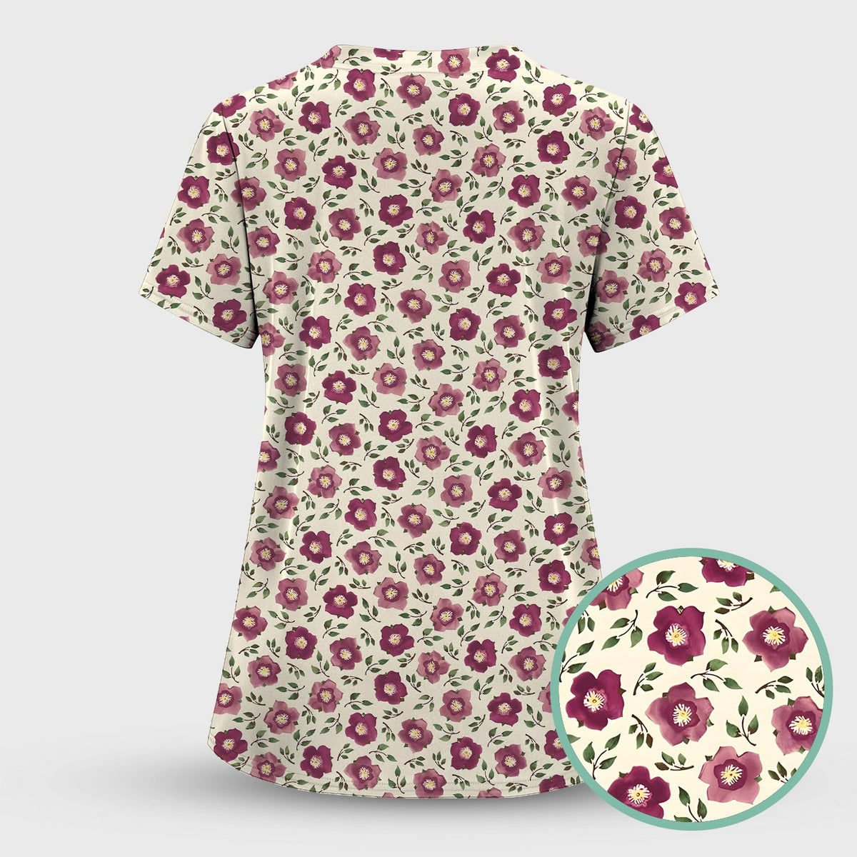 Purple Floral Blossom Leaf Pattern Scrub Top, Comfortable Scrubs for Nurses
