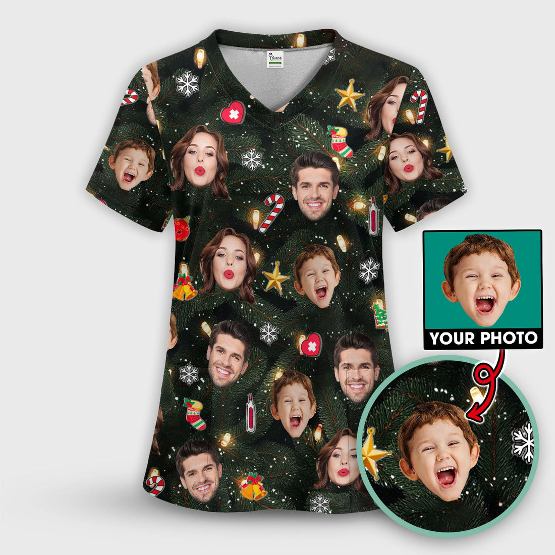 Personalized Christmas Photo Face Nurse Scrub Top