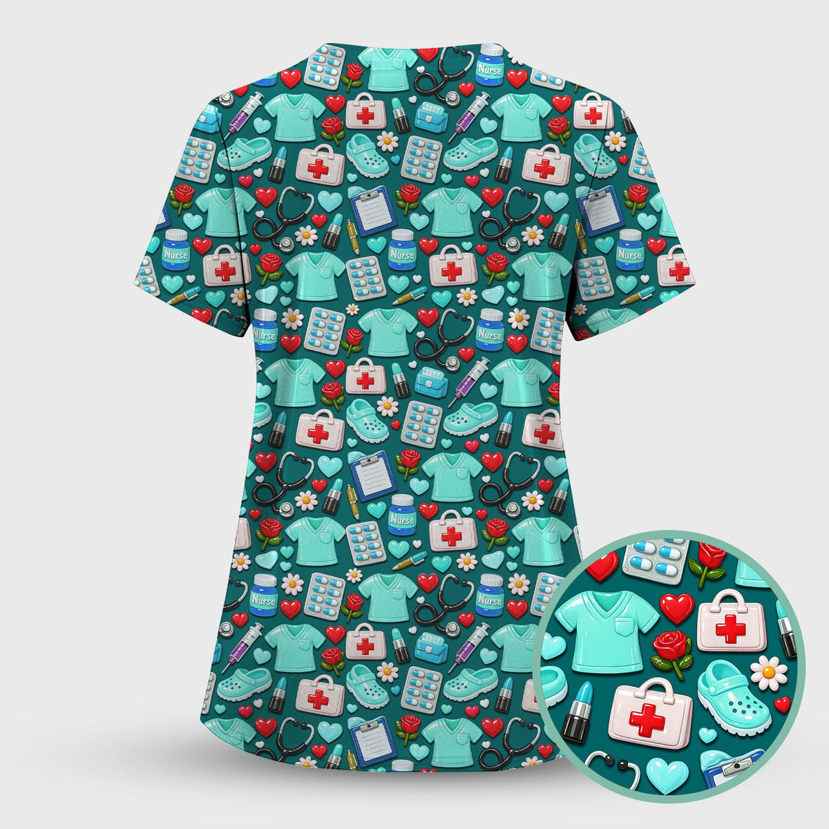 Medical Icons Scrub Top, Cute Pattern Nurse Shirt, Breathable Fabrics Nursing Uniform