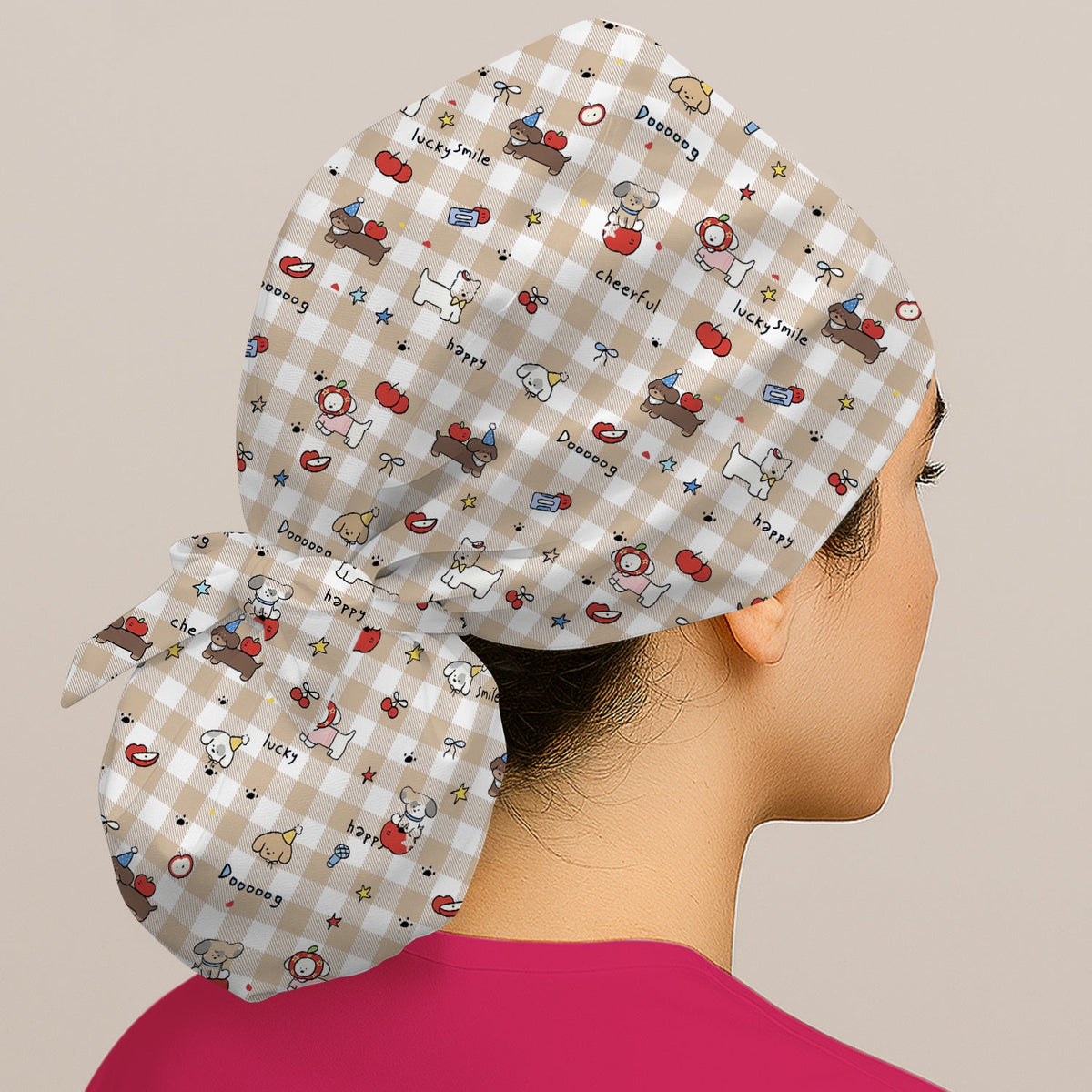 Cartoon Puppy Apple Gingham Scrub Cap