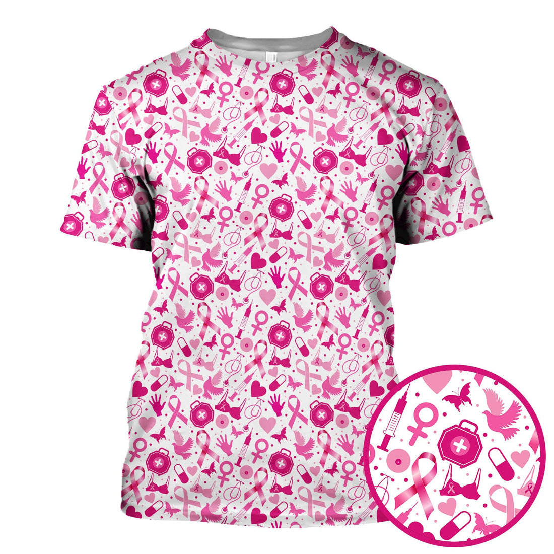 Breast Cancer Pink Ribbon Medical Icons Nurse Scrub Top