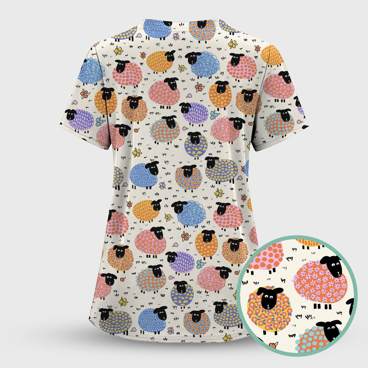 Adorable Colorful Sheep Nurse Scrub Top