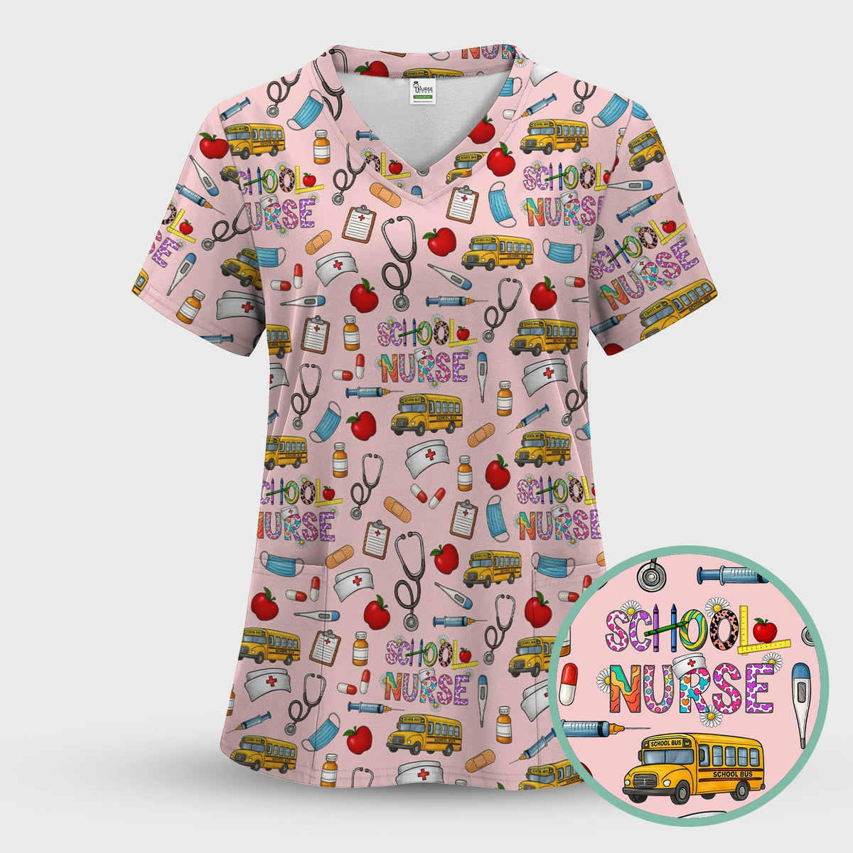 School Bus Stethoscope Nurse Scrub Top