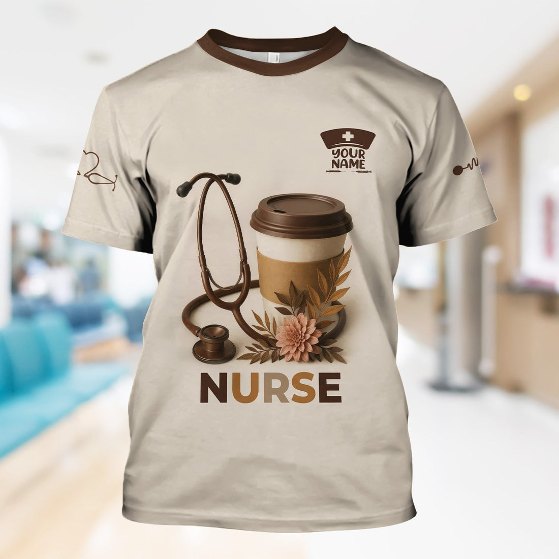 Personalized Coffee Floral Stethoscope Nurse Shirt