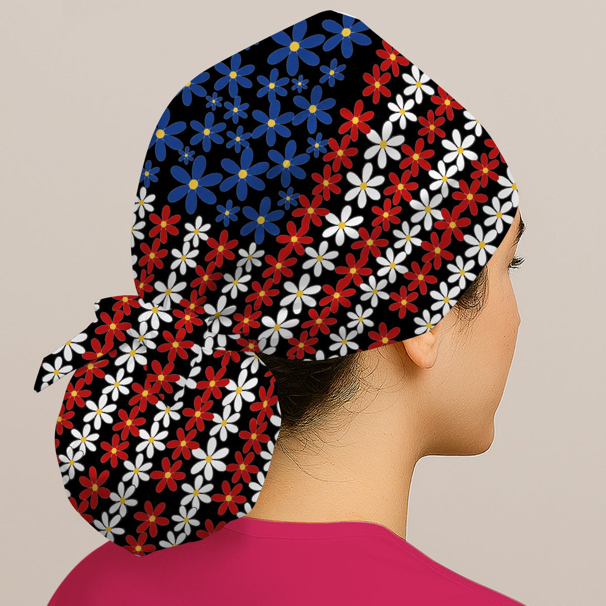 Retro Red Blue Daisy Scrub Cap