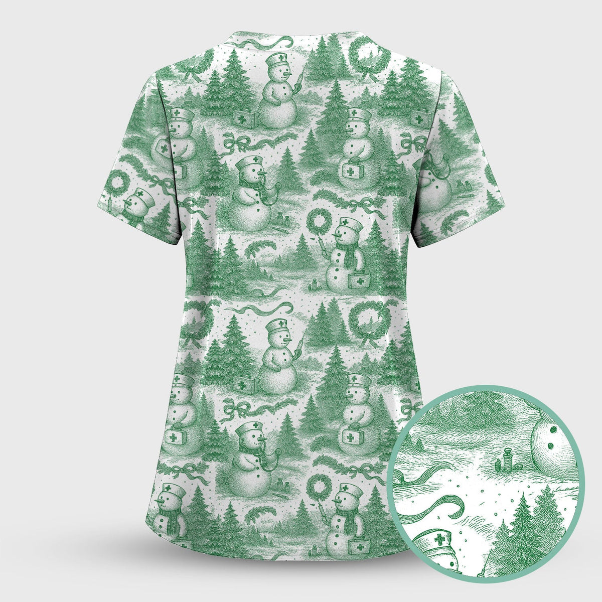 Christmas Scrub Top for Women – Toile de Jouy Snowman and Medical Pattern – Vintage Holiday Nurse Scrubs for Festive Season