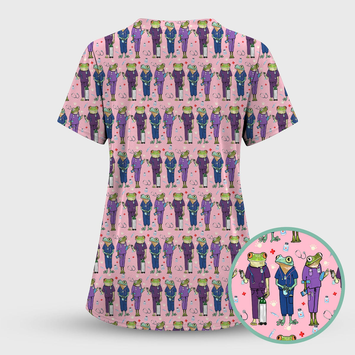 Funny Frog Nurse Pattern Scrub Set, Scrub Pants and V Neck Top