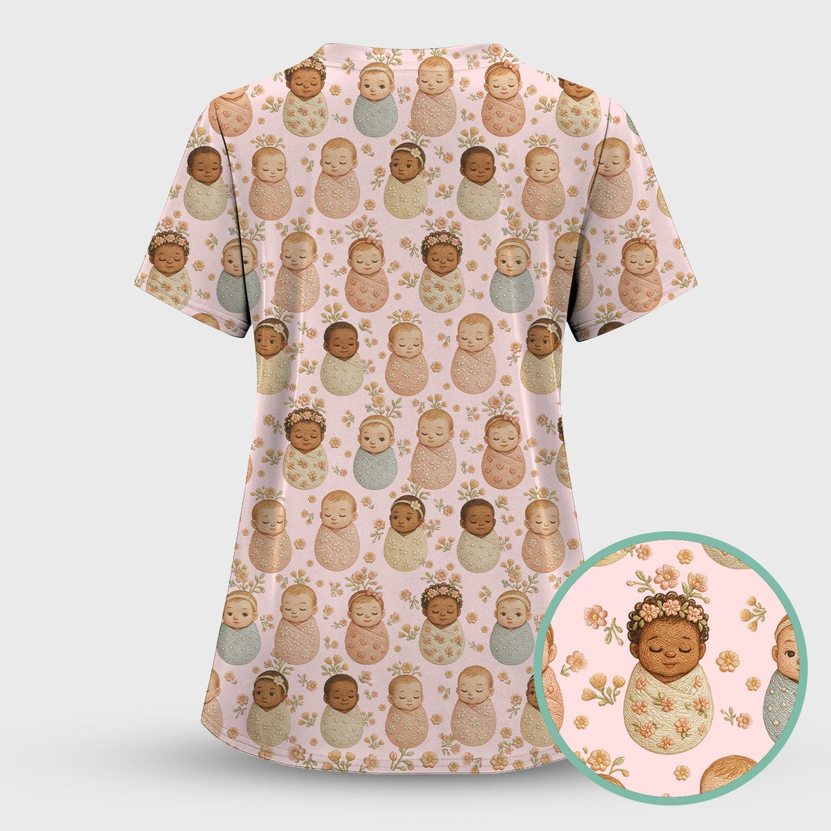 Sweet Newborn Baby Floral Print Women's Scrub Set, Breathable Med Uniform