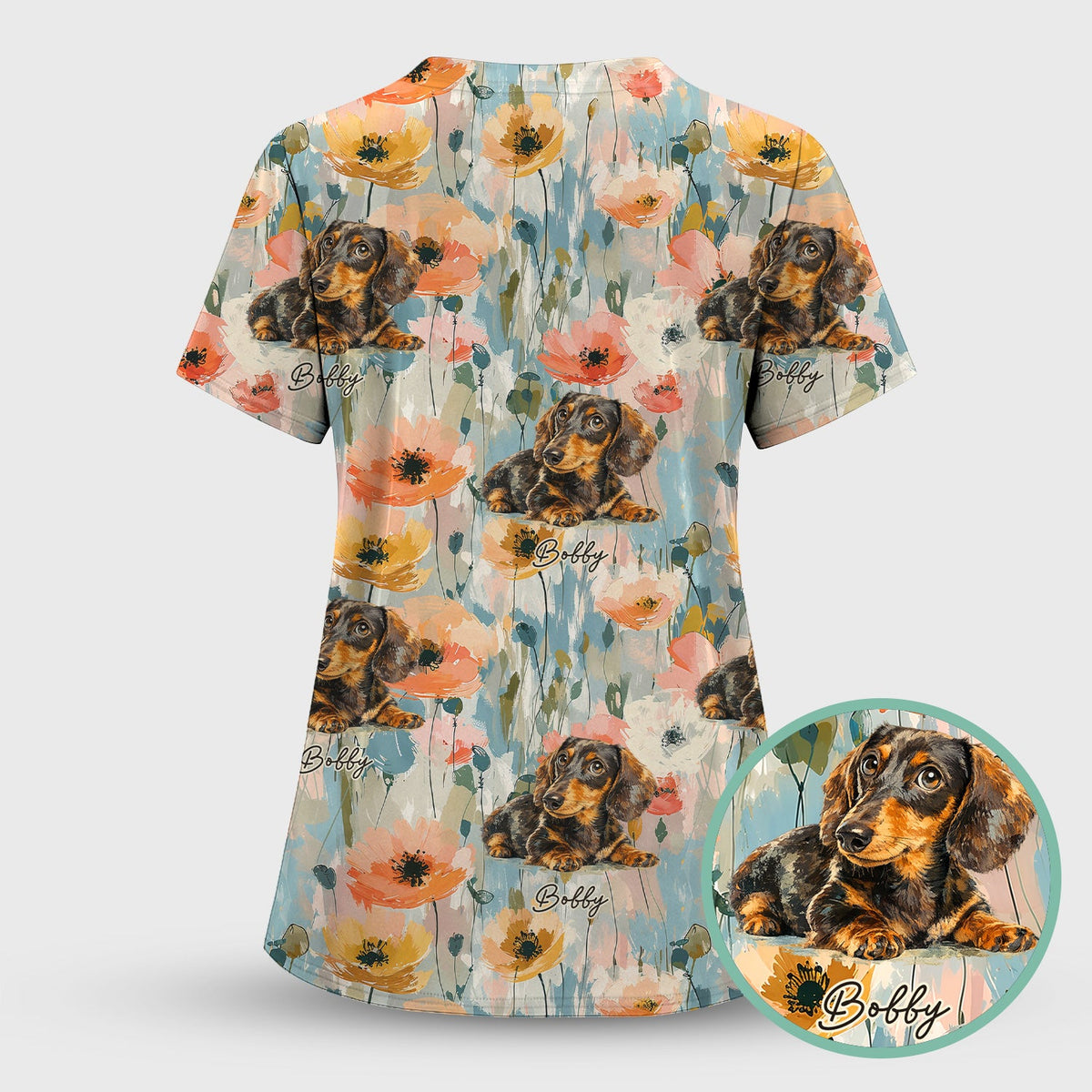 Personalized Dachshund Photo Floral Nurse Scrub Set