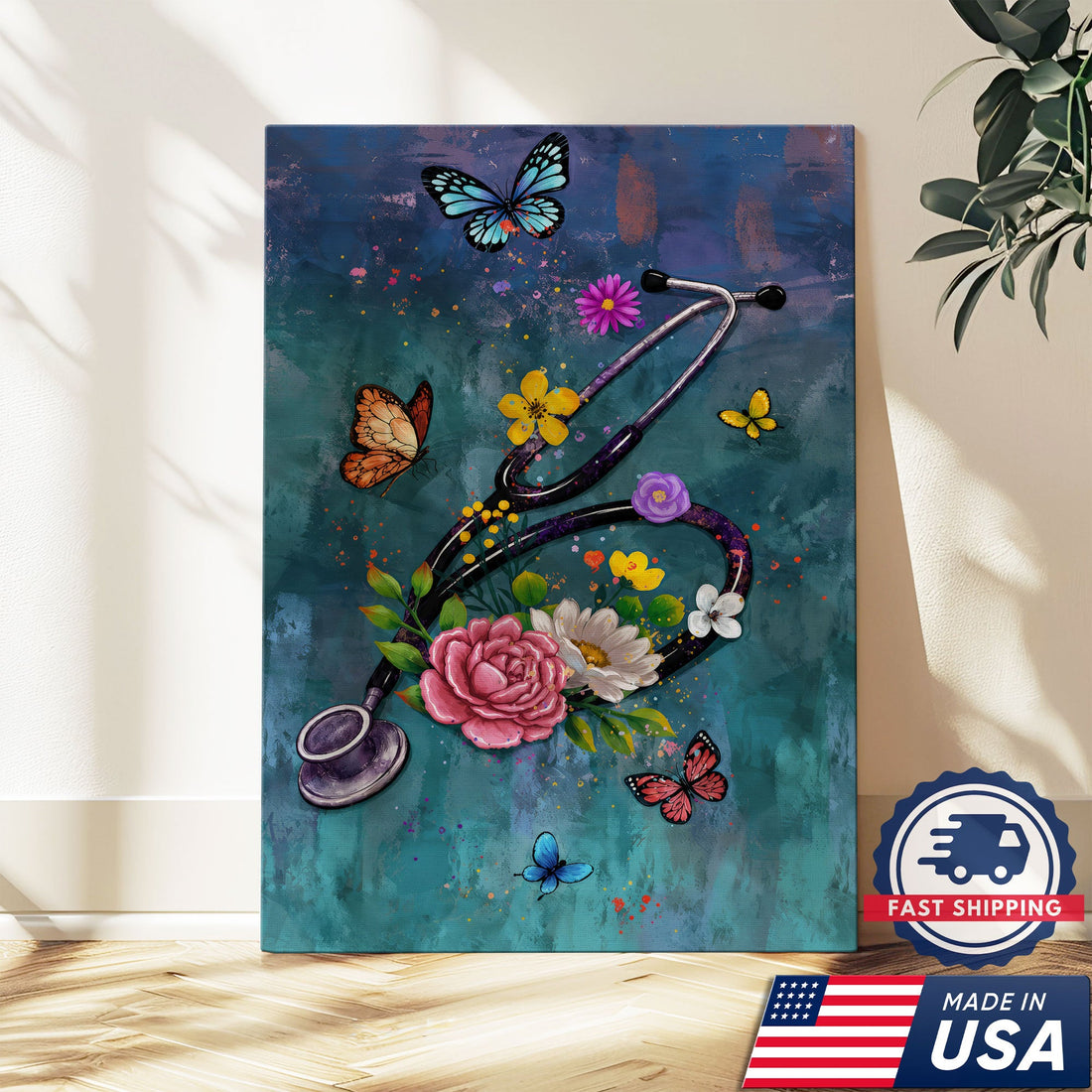 Butterfly Floral Stethoscope Nurse Canvas