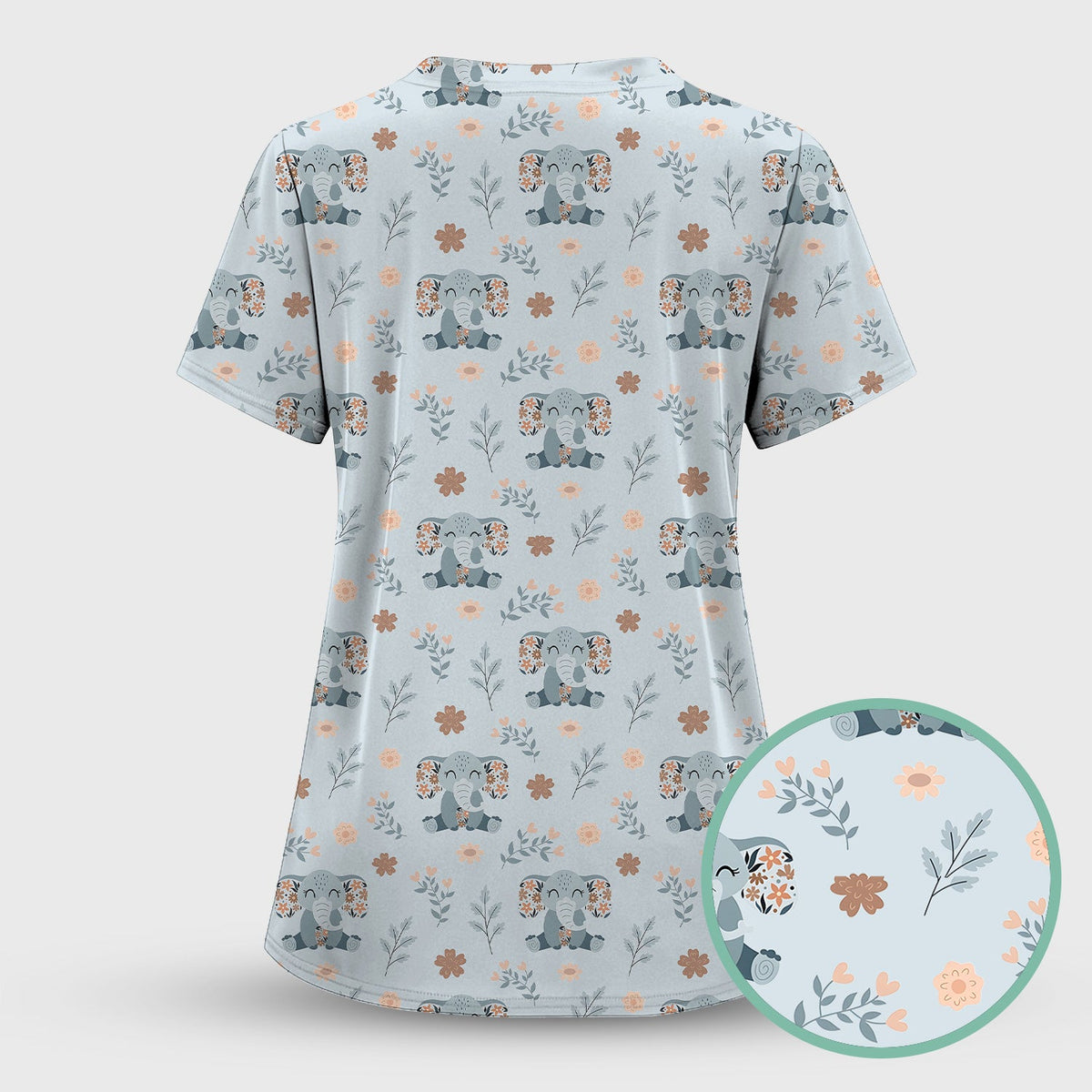 Cute Elephant Floral Print Scrub Set, Scrub Pants and V Neck Top