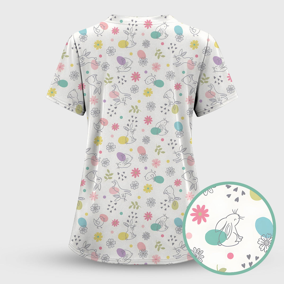 Whimsical Easter Bunny Eggs Nurse Scrub Top